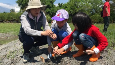 花蓮林區管理處秘書黃碧雲與忠孝國小學童協力栽植水柳