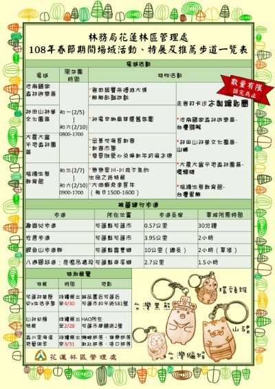 花蓮林管處108年春節期間活動一覽表