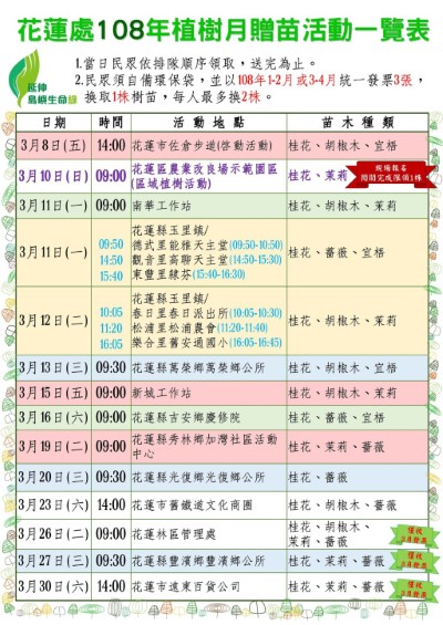 植樹月贈苗活動一覽表