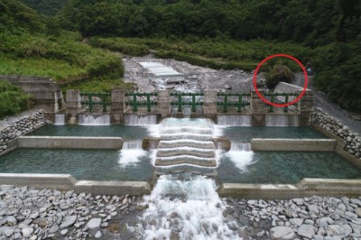 嘉農溪9號梳子壩周邊加強工程營造溪流深潭淺瀨棲地環境(紅色圈內即為結合現場大塊石施作護岸形成一道防線)