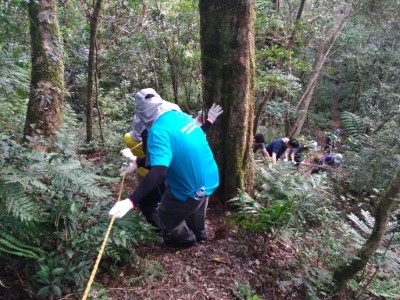 拉繩索攀爬陡峭山林小徑