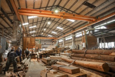 109年度山村綠色經濟案例永泰林業合作社正昌製材廠內勞工裁切木材，從周邊環境可以看到滿滿的木材，可想訂單之多