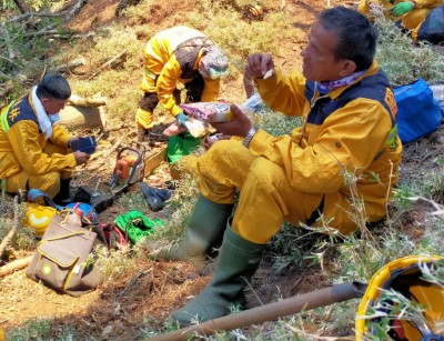連續多日滅火工作，森林護管員於林地間以餅乾果腹充飢稍作休息