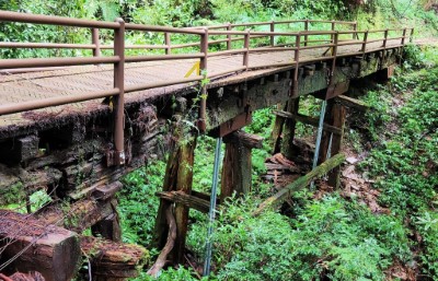 老舊橋梁腐朽，現暫以臨時支撐補強，本次將進行整體安全性整修改善，提供民眾更安心的健行環境