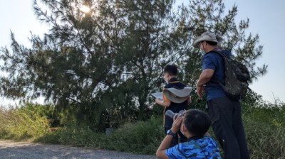 樹上有幾隻鳥？巡護過程中，學員馬上發揮森林護管員觀察技巧，發現木麻黃上有6隻麻雀。