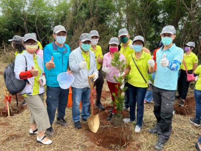 屏東林區管理處副處長朱木生(右一)、屏東林管處恆春工作站主任洪寶林(左二)及鳳凰扶輪社員們種植蘭嶼羅漢松