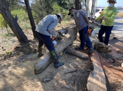 木工老師指導志工利用漂流木製作休憩椅