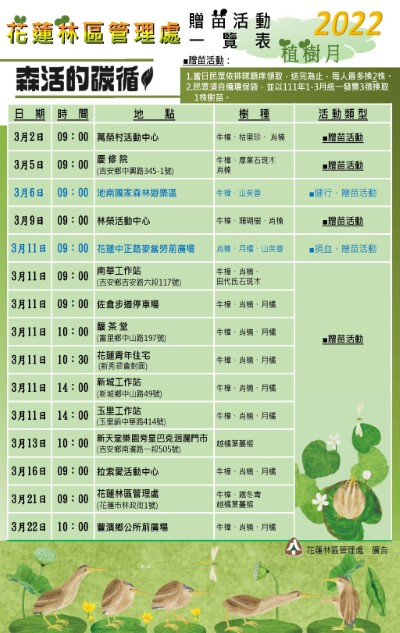 花蓮處贈苗活動一覽表