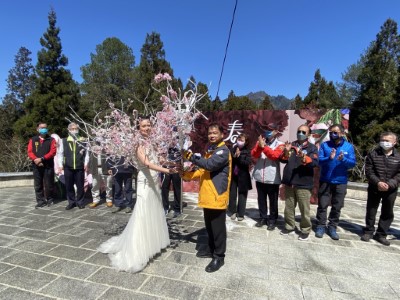 由嘉義林管處副處長李定忠將花藝權杖交給花藝精靈模特兒，由模特兒引領遊客進入林間欣賞花藝走秀
