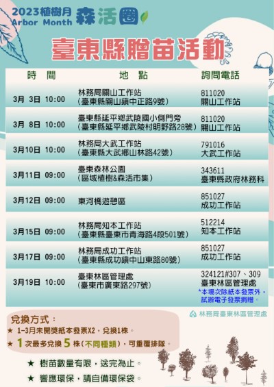 本轄今年第一場贈苗活動即將於明日上午10時於關山工作站舉辦。其餘各場次資訊可參閱場次表與贈苗樹種表
