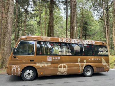 視覺形象目前應用於阿里山電動遊園車外觀，以神木褐品牌色與園區結合