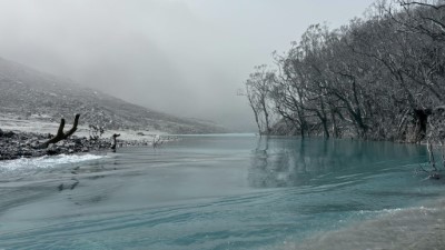 堰塞湖周邊森林植物全數因淹水後灰泥包覆死亡，湖水綠的湖面看似平靜實則水流快速，周圍粉塵瀰漫呼吸充滿紛飛沙塵。