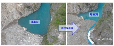 燕子口堰塞湖壩頂降低4公尺，明挖深擴寬深槽線加大引水量。