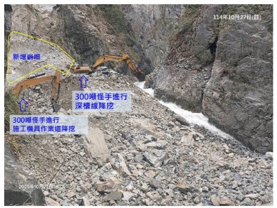 燕子口堰塞湖壩頂降低4公尺，明挖深擴寬深槽線加大引水量。