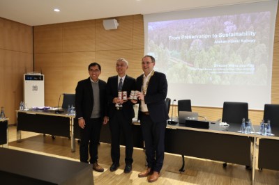 Wang Jau-Pao, Director of the Alishan Forest Railway and Cultural Heritage Office, delivers an Engli