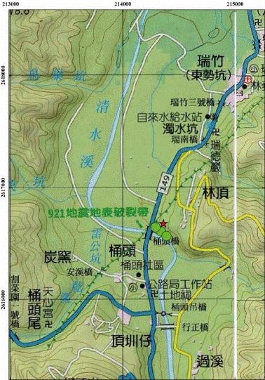 圖1、桶頭橋大尖山斷層露頭位置圖
