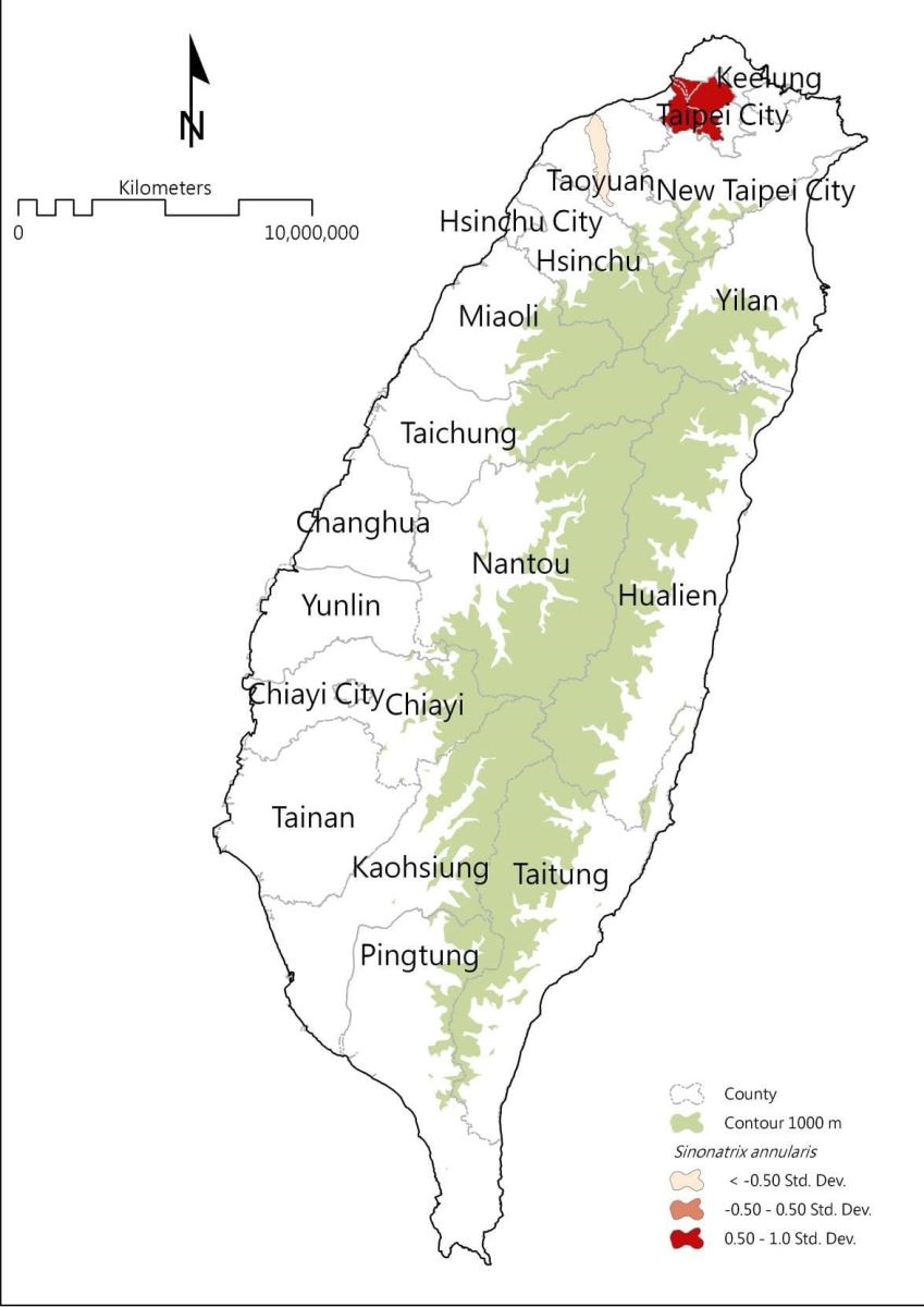 2009-2012年臺灣赤腹游蛇分布集水區範圍及族群相對豐富度圖