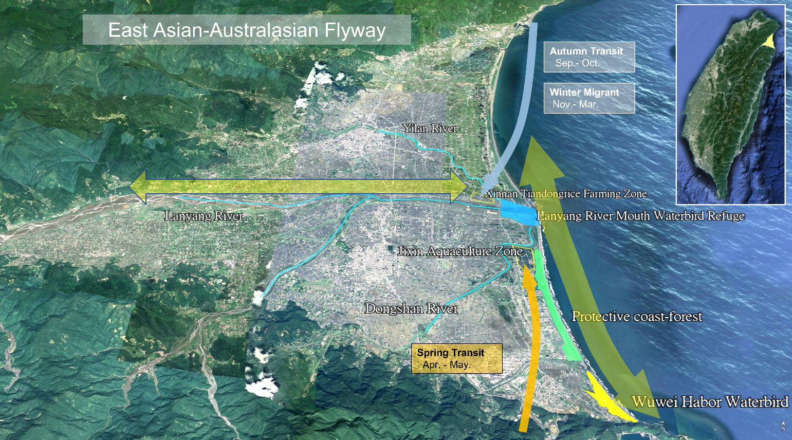 A spatial zoning map featuring the East Asian-Australasian Flyway (EAAF) and the habitat management area of Xinnan Tiandong Rice agricultural enterprise